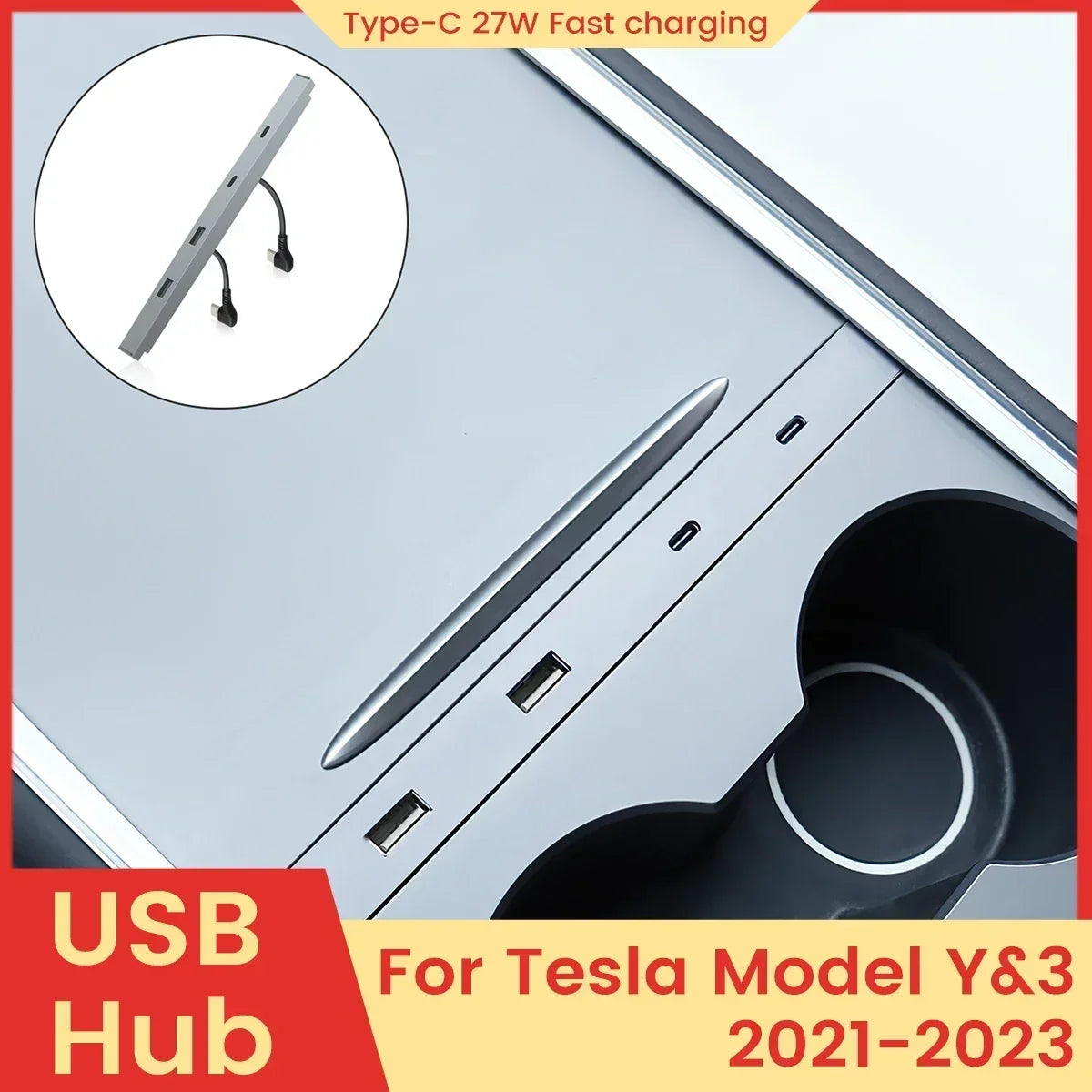Ultimate 27W Quick Charger Docking Station for Tesla Model 3 & Y (2021-2023) - USB Shunt Hub Power Splitter & Type-C Car Accessories